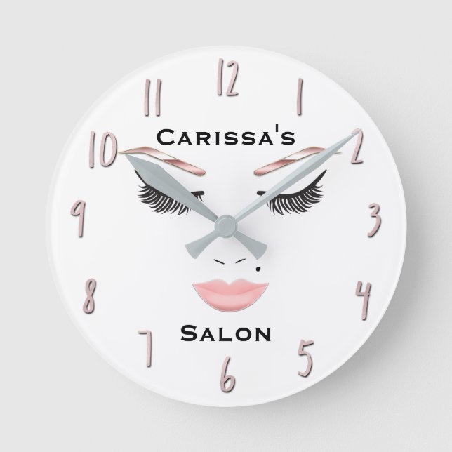 Rose Gold Makeup Face Eyebrows Lips Glam Beauty Round Clock (Front)