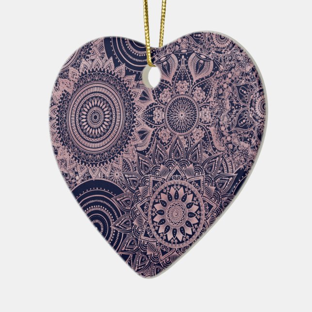 Rose Gold Mandala Collection Blue Design Ceramic Ornament (Left)