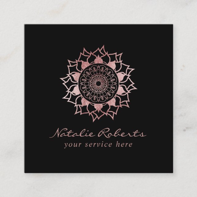 Rose Gold Mandala Flower Logo Beauty Salon Spa Square Business Card (Front)