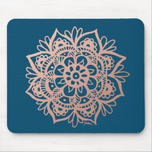 Rose Gold Mandala Flower on Dark Blue Mouse Pad