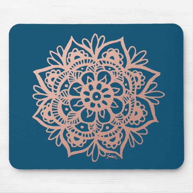Rose Gold Mandala Flower on Dark Blue Mouse Pad (Front)