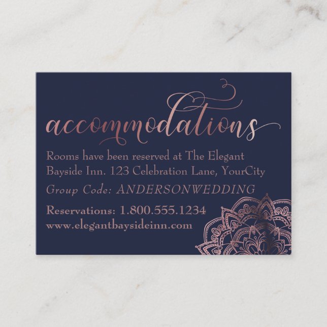 Rose Gold Mandala Navy Accommodations Insert Card (Front)