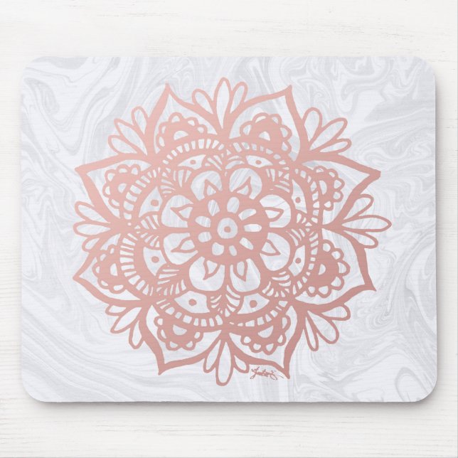 Rose Gold Mandala on White Marble Mousepad (Front)