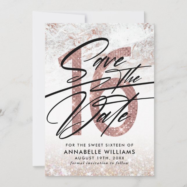 Rose Gold Marble 16th Birthday Party Save The Date (Front)