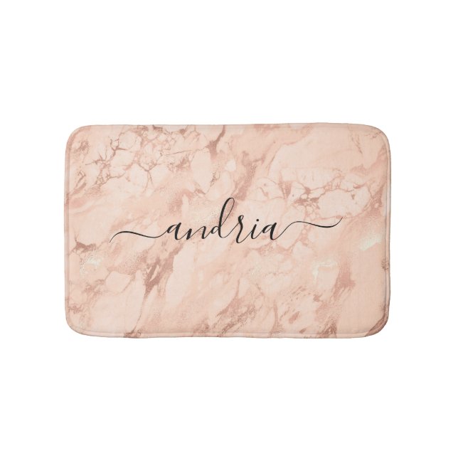 Rose Gold Marble 5, Script Name, Blush Pink Bath Mat (Front)