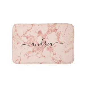 Rose Gold Marble 8, Glitter, Black Script Name Bath Mat