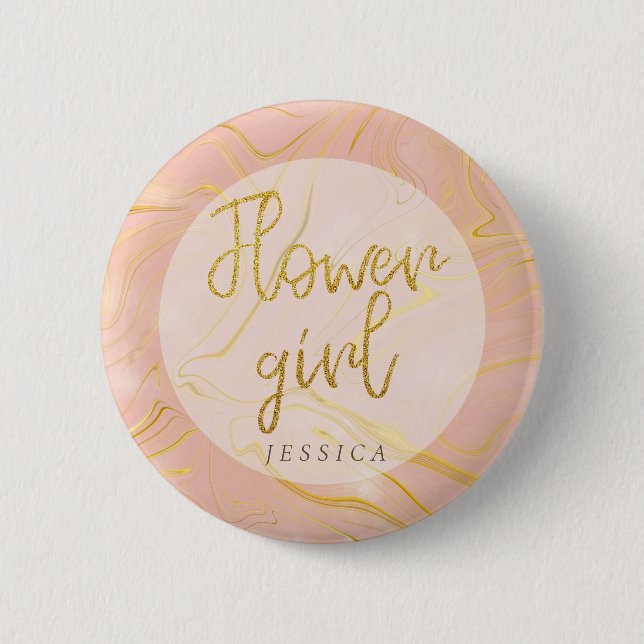 Rose Gold Marble Agate Glitter Flower Girl Button (Front)