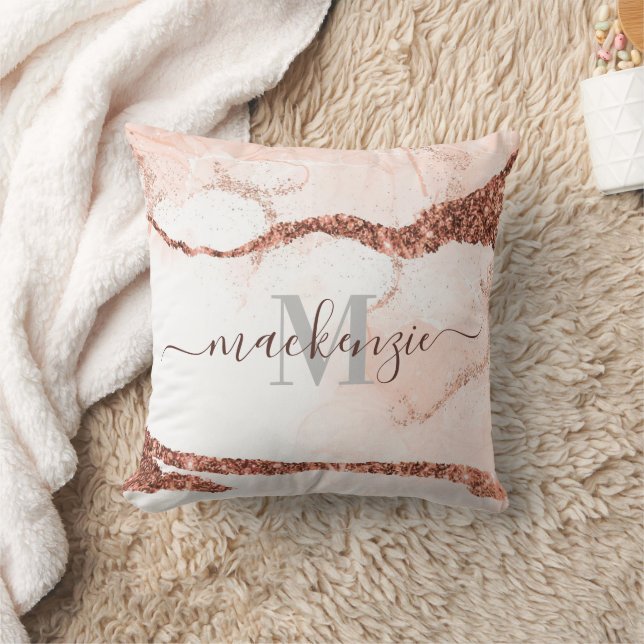 Rose Gold Marble and Glitter Throw Pillow (Blanket)