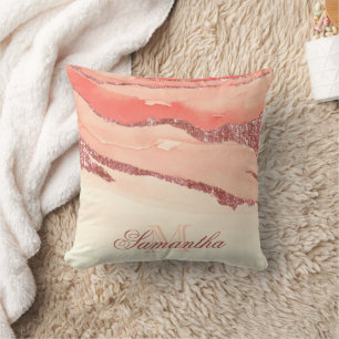 Rose Gold Marble and Glitter Throw Pillow