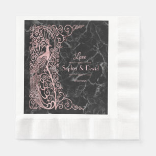 Rose Gold Marble Art Deco Peacocks Wedding Napkin