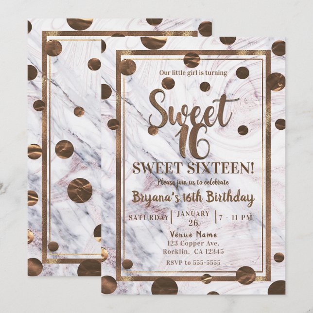 Rose Gold Marble Bronze Copper Sweet 16 Party Invitation (Front/Back)