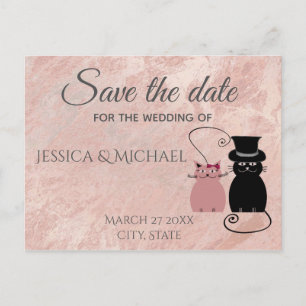 Rose gold marble cartoon cats save the date announcement postcard