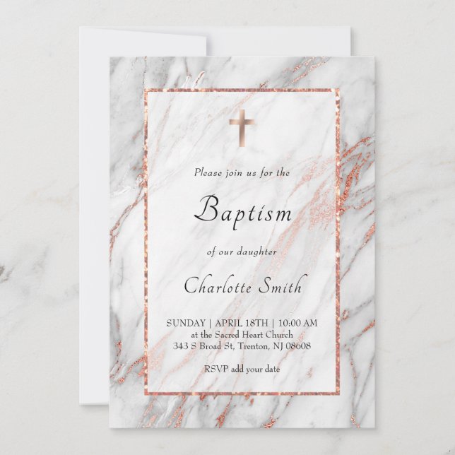 rose gold marble catholic Baptism Invitation (Front)