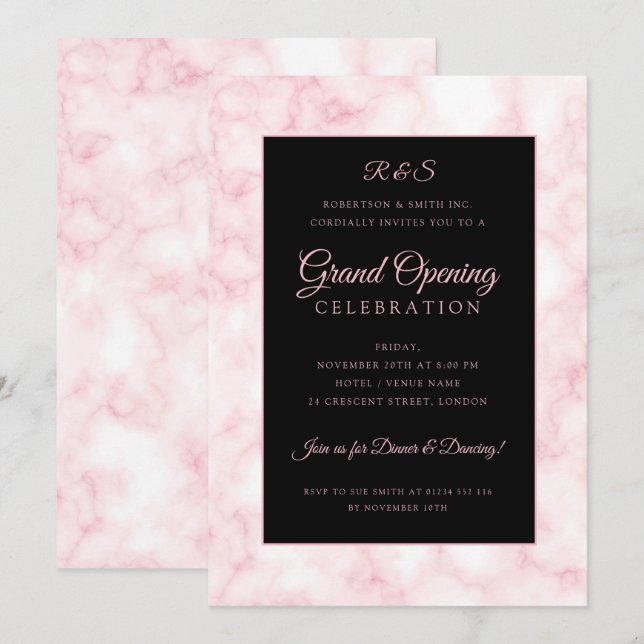 Rose Gold Marble Corporate Grand Opening Black  Invitation (Front/Back)