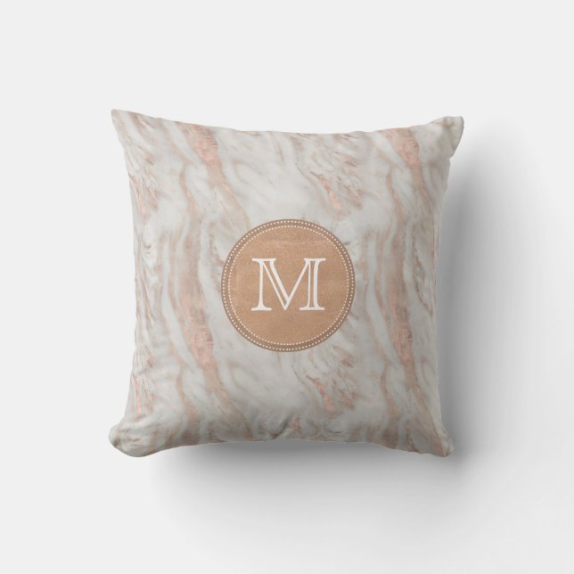 Rose Gold Marble Custom Monogram Throw Pillow (Front)