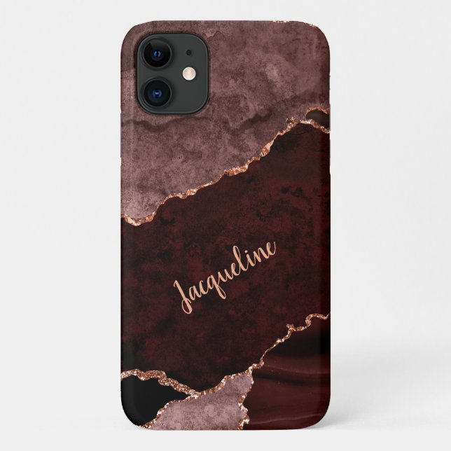 Rose Gold Marble Geode Burgundy Pink Modern Name Case-Mate iPhone Case (Back)
