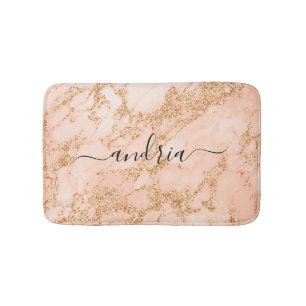 Rose Gold Marble Glitter, Black Script Name Bath Mat