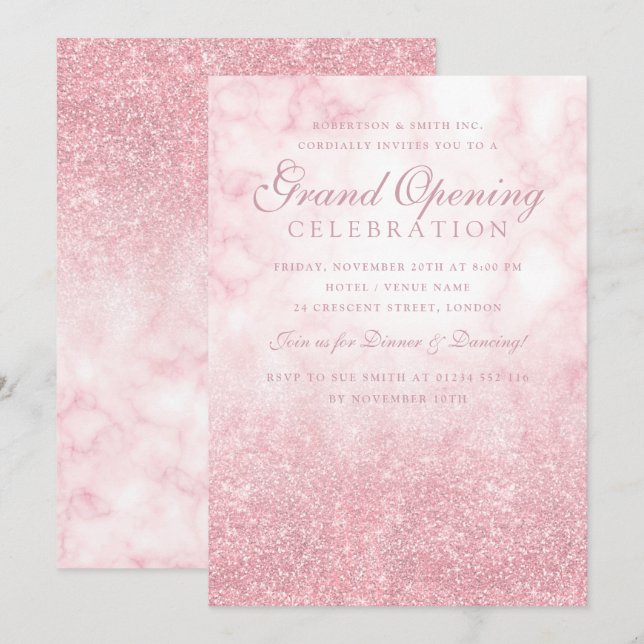 Rose Gold Marble Glitter Corporate Grand Opening  Invitation (Front/Back)