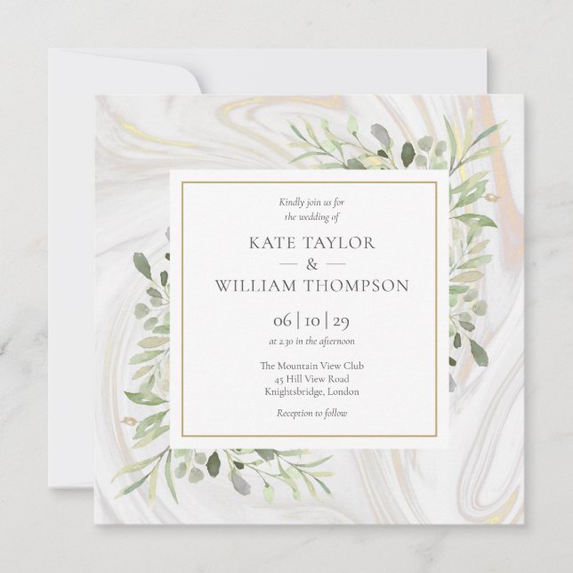 Rose Gold Marble Greenery Leaves Wedding Invitation (Front)