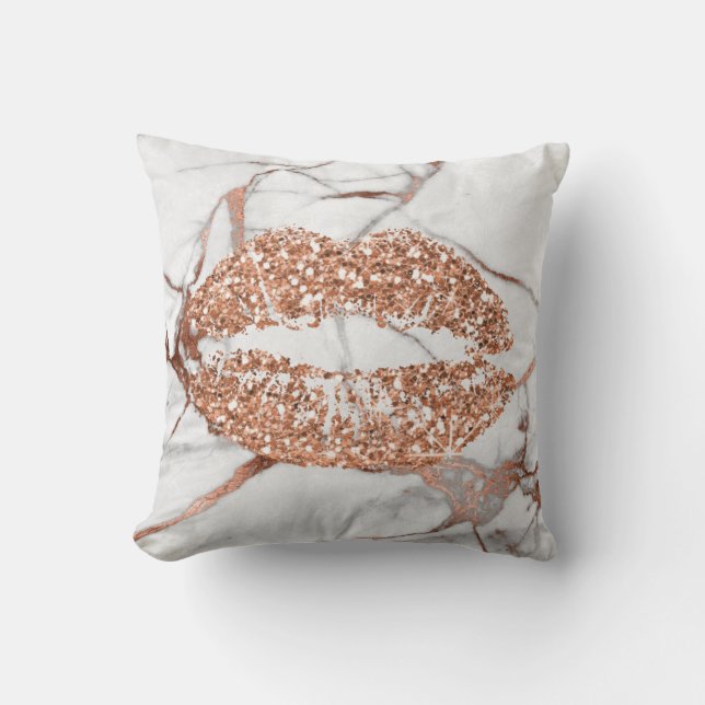 Rose Gold Marble Kiss Lips Makeup Copper Throw Pillow (Front)