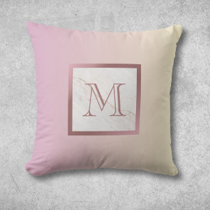 Rose Gold Marble Monogram Pink Ombre Throw Pillow