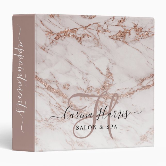 Rose Gold Marble Monogram Salon Appointment Book Binder (Front/Spine)