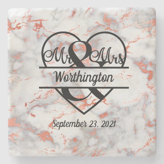 Rose Gold Marble Mr. and Mrs. Heart Wedding Gift  Stone Coaster (Front)