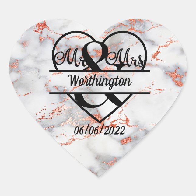 Rose Gold Marble Mr. and Mrs. Heart Wedding  Heart Sticker (Front)