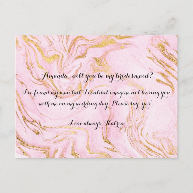 Rose Gold Marble Pink Will You Be My Bridesmaid Invitation Postcard (Front)