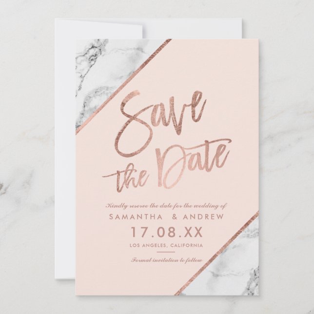 Rose gold marble script blush pink save the date (Front)
