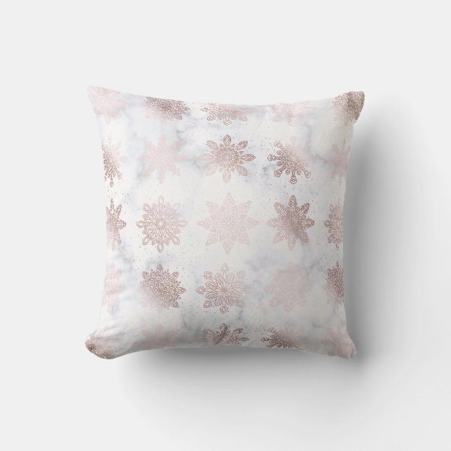 Rose Gold & Marble Snowflake Christmas Pattern Throw Pillow (Front)