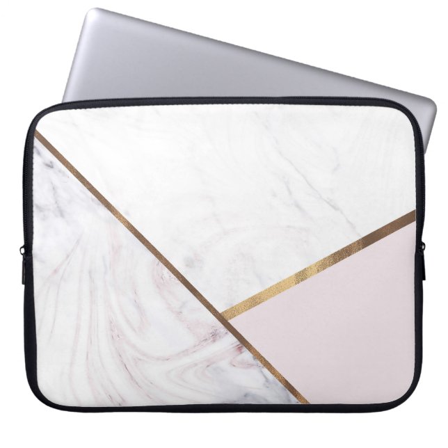 Rose Gold Marble Swirl & Blush Pink Bronze Glam Laptop Sleeve (Front)
