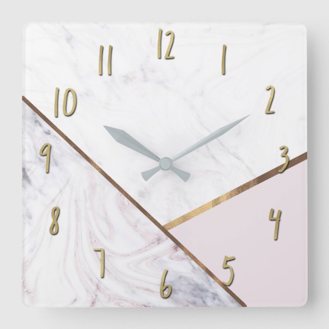 Rose Gold Marble Swirl & Blush Pink Bronze Glam Square Wall Clock (Front)