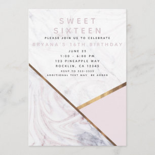 Rose Gold Marble Swirl Blush Pink Bronze Sweet 16 Invitation