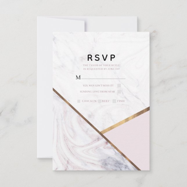 Rose Gold Marble Swirl Blush Pink Wedding RSVP Card (Front)
