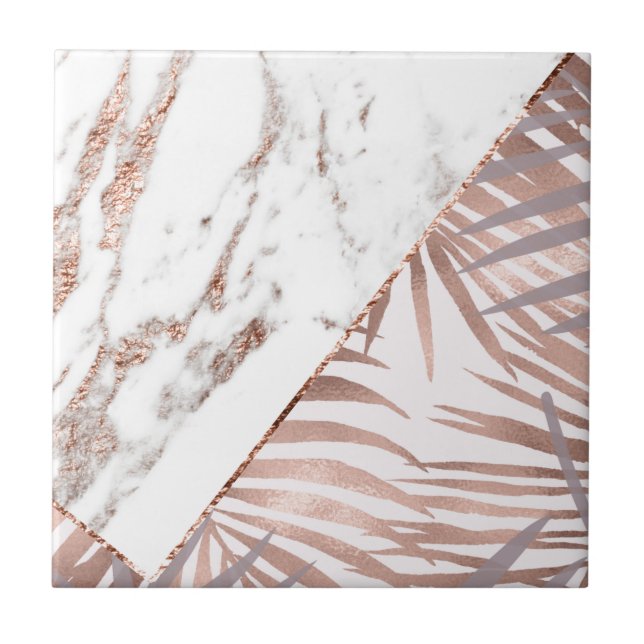 Rose gold marble & tropical ferns tile (Front)