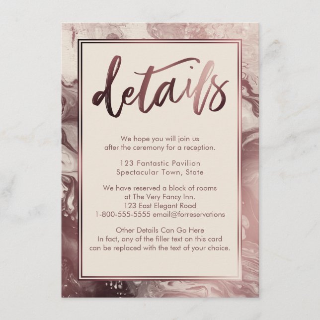 Rose Gold Marble Wedding Details Over Cream Enclosure Card (Front)