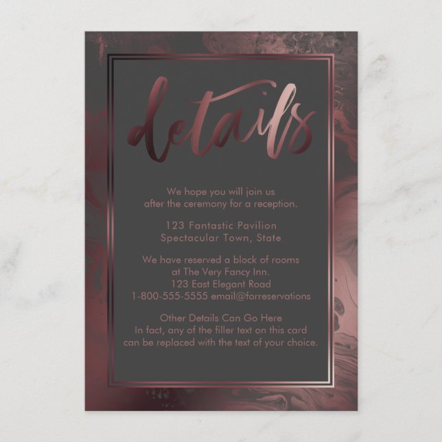 Rose Gold Marble Wedding Details Over Dark Grey Enclosure Card (Front)