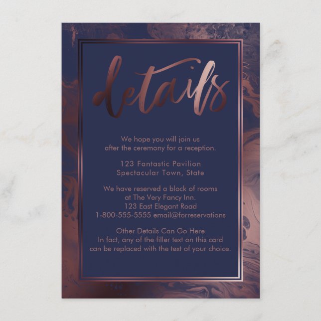 Rose Gold Marble Wedding Details Over Navy Blue Enclosure Card (Front)