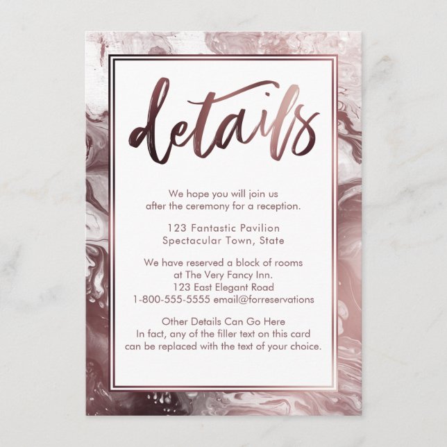 Rose Gold Marble Wedding Details Over White Enclosure Card (Front)