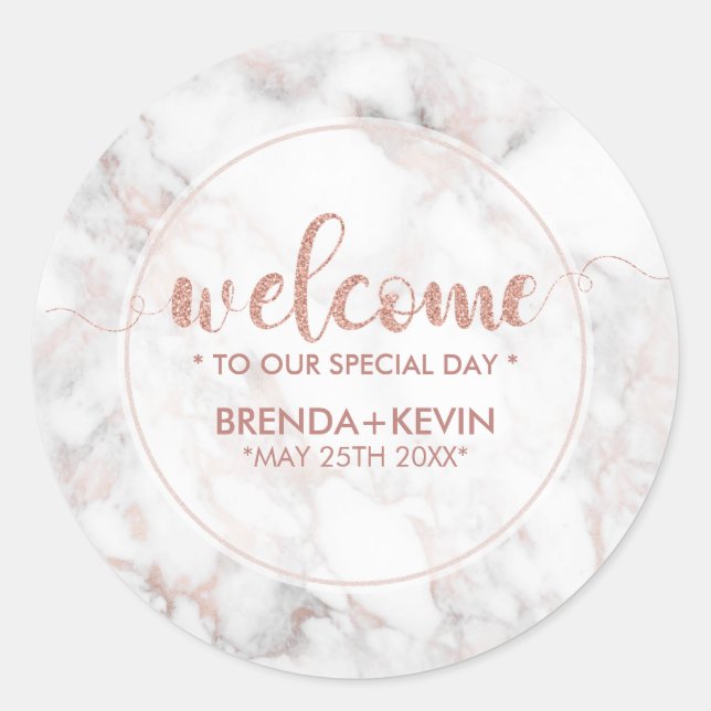 Rose-gold marble & welcome modern typography classic round sticker (Front)
