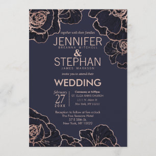 Rose Gold Marine Blue Flowers Mariage Invitations
