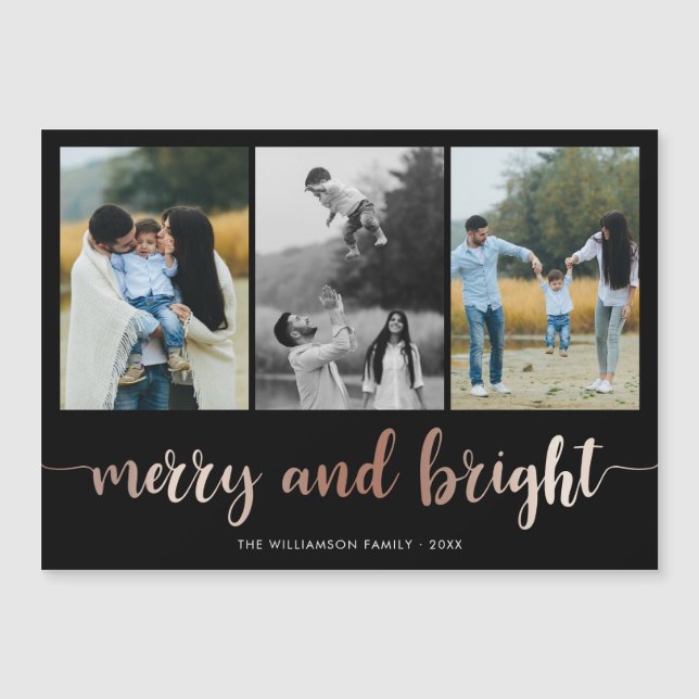 Rose Gold Merry & Bright on Black | Holiday Photo (Front)