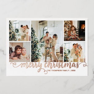 Rose Gold Merry Christmas Heart Script 5 Photo Foil Holiday Card