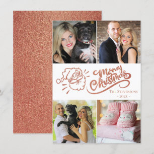 Rose Gold Merry Christmas Santa Modern 4 Photo Holiday Card