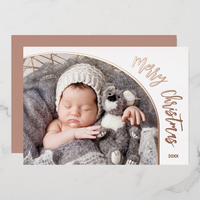 Rose Gold Merry Christmas Script Foil Holiday Card (Front/Back)