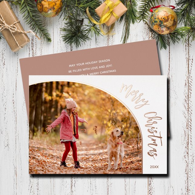Rose Gold Merry Christmas Script Foil Holiday Card (Merry Christmas REAL rose gold foil holiday photo cards)