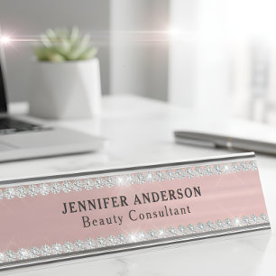 Rose Gold Metal And Glitter Diamond Desk Name Plate