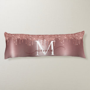 Rose Gold Metal Glitter Drips Monogram Name Body Pillow