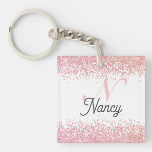 Rose Gold Metal Glitter Monogram Name  Keychain